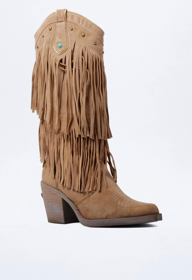 Bota de piel cowboy con flecos de mujer arena Nemonic 2279