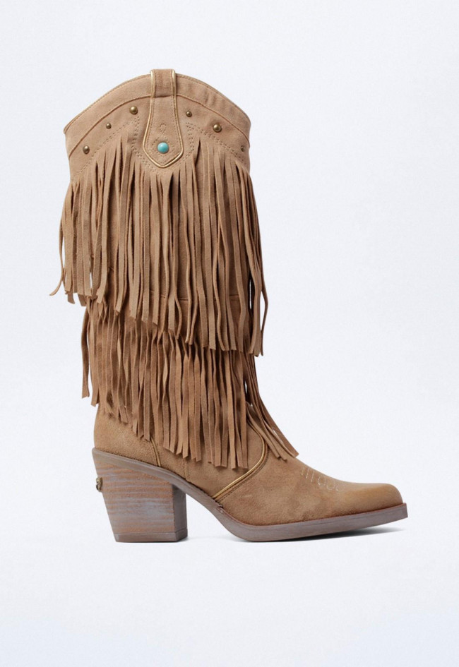 Bota de piel cowboy con flecos de mujer arena Nemonic 2279