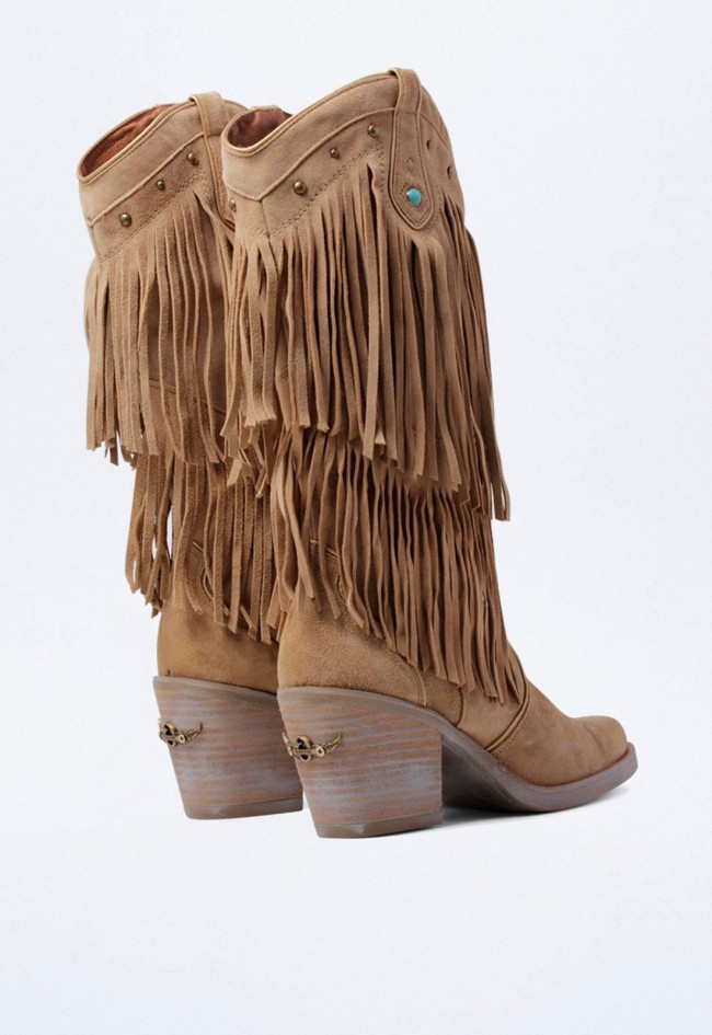 Bota de piel cowboy con flecos de mujer arena Nemonic 2279