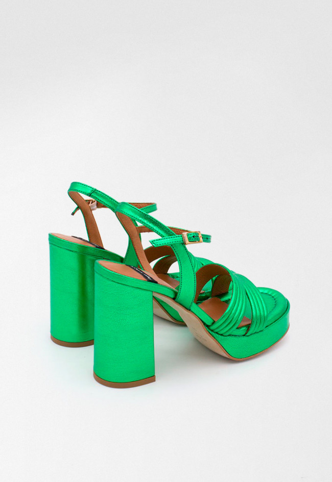 AMBER - Sandalia de tiras de piel metalizada con tacón anch