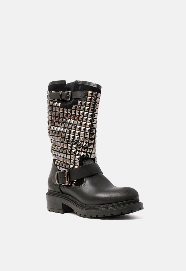 Bota biker de mujer con hebilla y tachas negro Metisse ma616