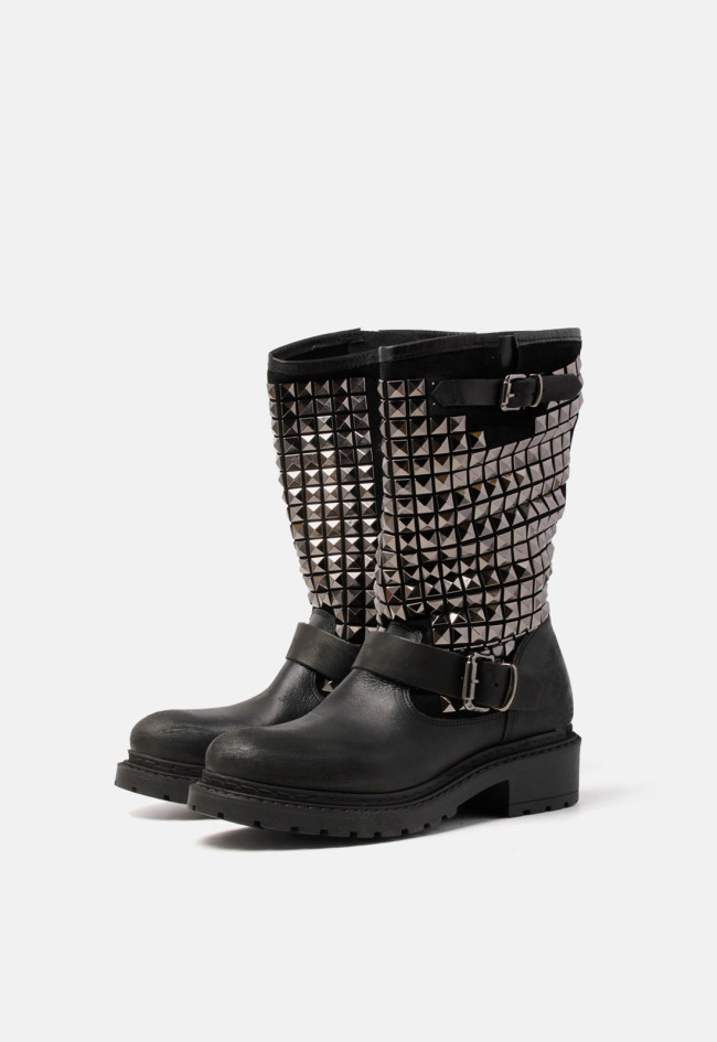 Bota biker de mujer con hebilla y tachas negro Metisse ma616