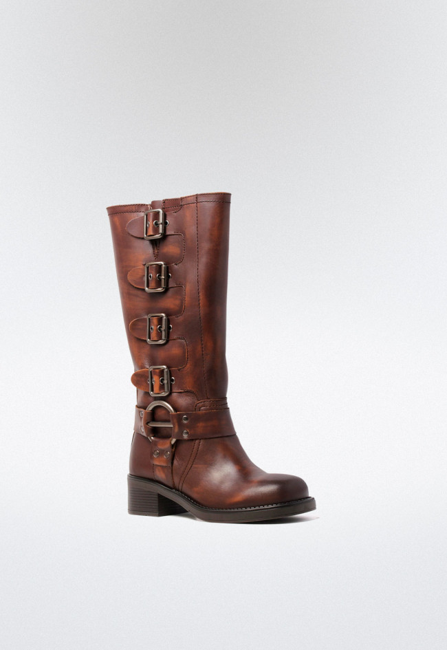Bota biker de mujer con hebillas marrón Glo 7177 - selena