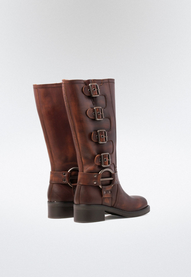 Bota biker de mujer con hebillas marrón Glo 7177 - selena