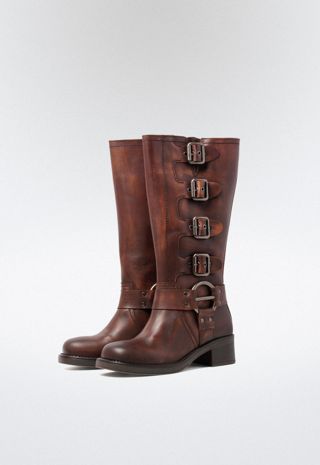 Bota biker de mujer con hebillas marrón Glo 7177 - selena