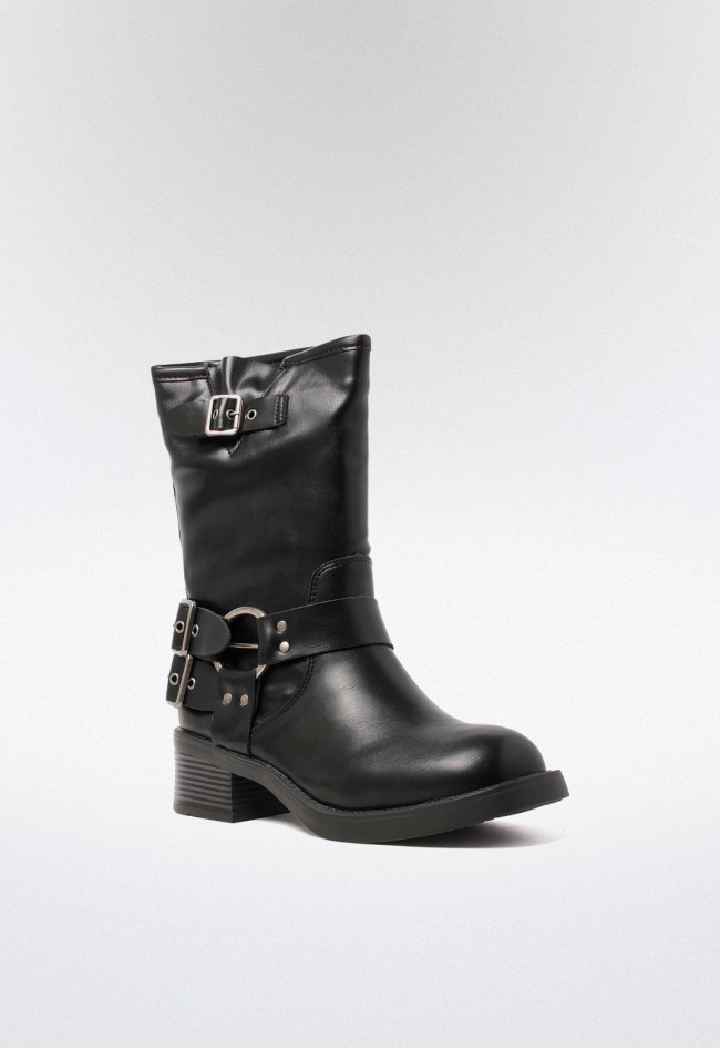 Botín biker hebillas de mujer negro VAS 3201