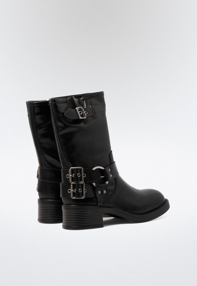 Botín biker hebillas de mujer negro VAS 3201