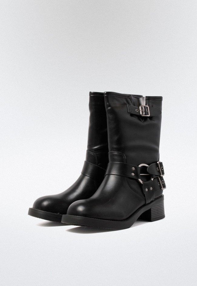 Botín biker hebillas de mujer negro VAS 3201