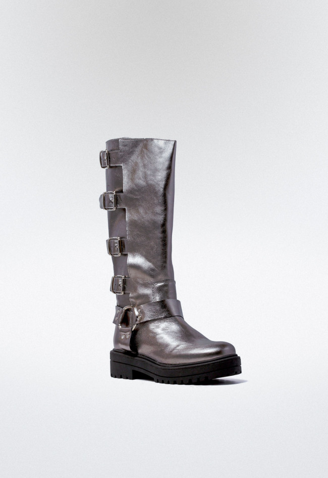 Bota biker hebillas de mujer plata VAS motorista