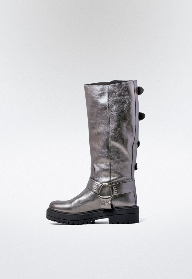 Bota biker hebillas de mujer plata VAS motorista