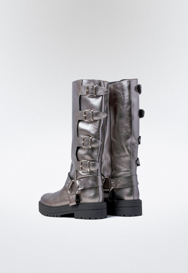 Bota biker hebillas de mujer plata VAS motorista
