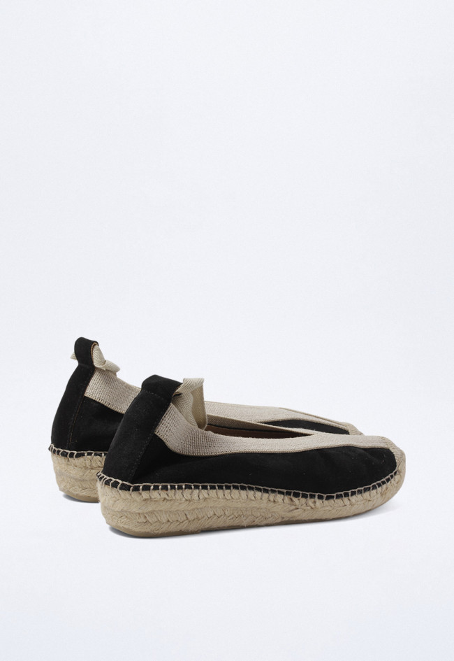 Alpargata plana negra estilo bailarina de piel con cintas y suela de esparto | Diseño GLO m125600