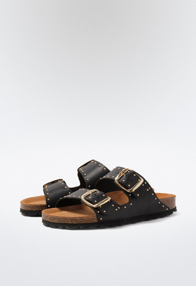 Sandalia negra tipo bio con doble hebilla y tachas decorativas | Estilo y confort diario | VAS 13843