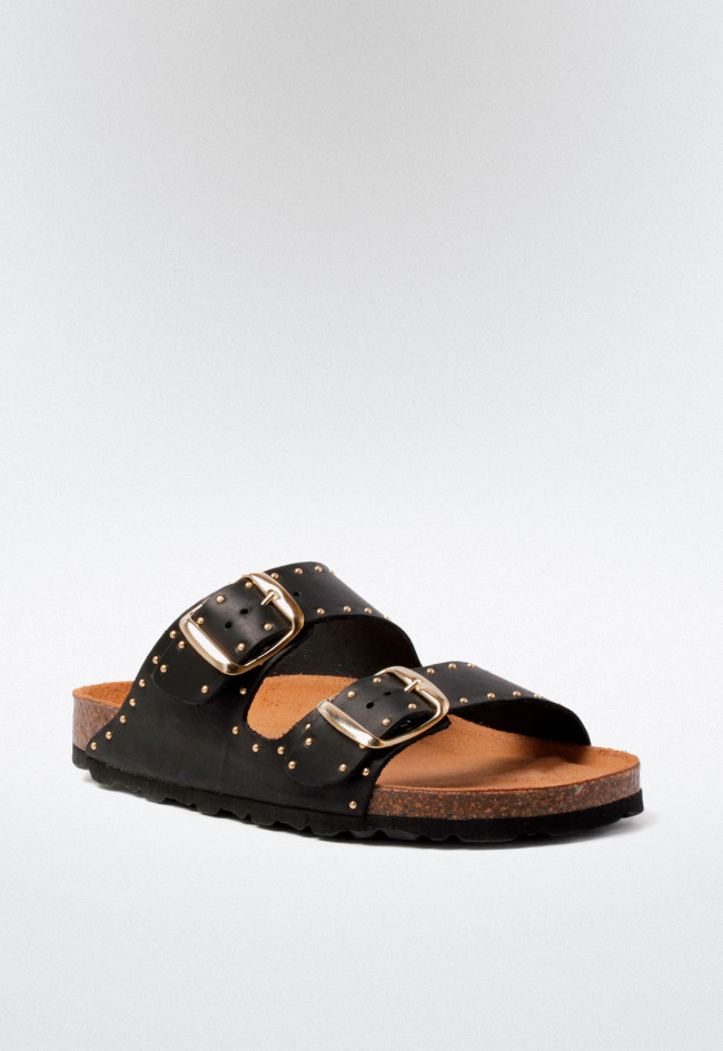 Sandalia negra tipo bio con doble hebilla y tachas decorativas | Estilo y confort diario | VAS 13843