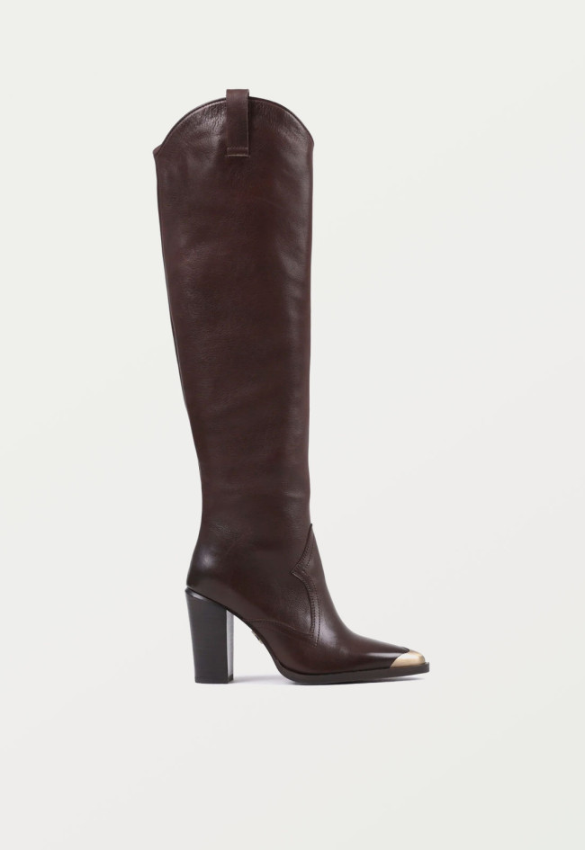 Bota alta de mujer Bronx New Americana en piel marrón con tacón alto y puntera dorada | Estilo western sofisticado