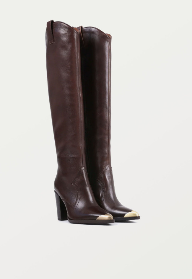 Bota alta de mujer Bronx New Americana en piel marrón con tacón alto y puntera dorada | Estilo western sofisticado