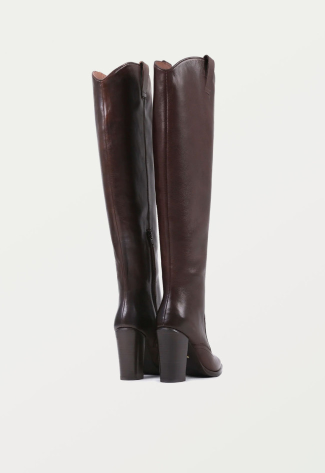 Bota alta de mujer Bronx New Americana en piel marrón con tacón alto y puntera dorada | Estilo western sofisticado