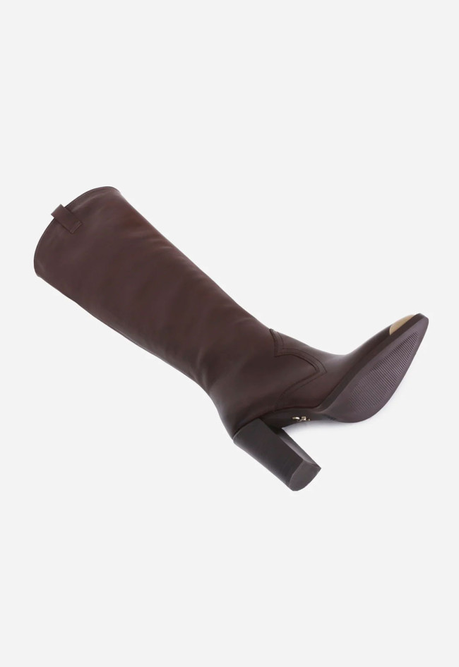 Bota alta de mujer Bronx New Americana en piel marrón con tacón alto y puntera dorada | Estilo western sofisticado
