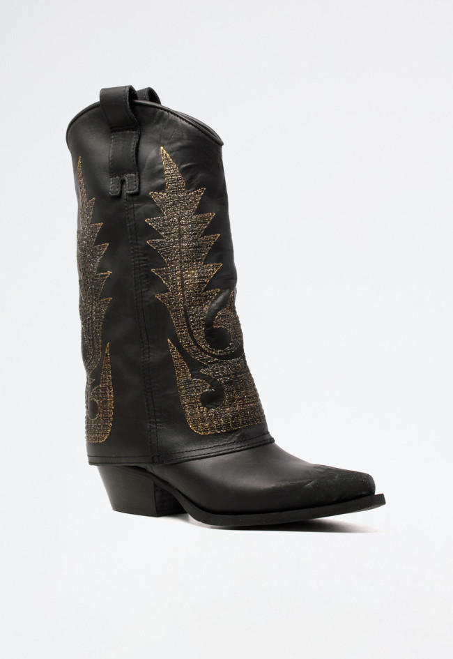 Bota cowboy polaina bordados  de mujer negro Metisse dx981