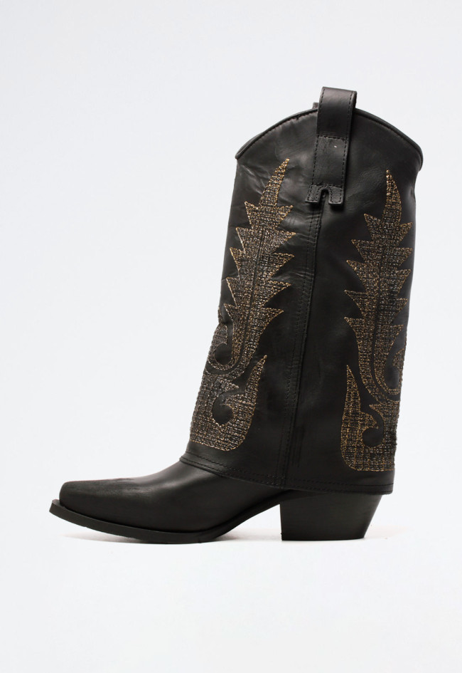 Bota cowboy polaina bordados  de mujer negro Metisse dx981