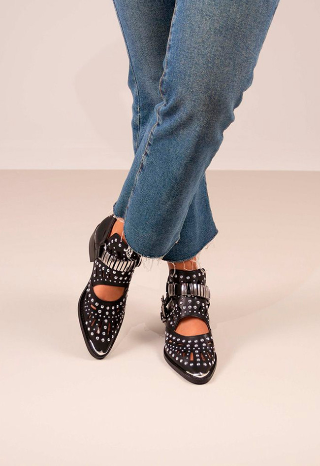 Botín piel tachas abierto cowboy de mujer negro EXE milan-018