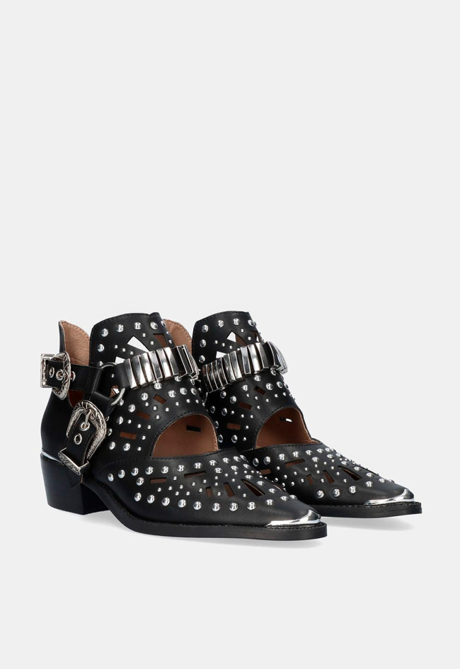 Botín piel tachas abierto cowboy de mujer negro EXE milan-018