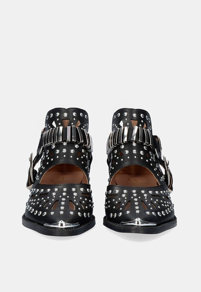 Botín piel tachas abierto cowboy de mujer negro EXE milan-018