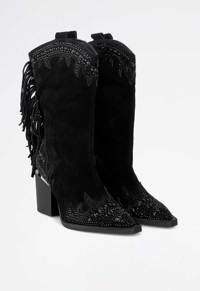 Bota cowboy flecos de mujer negro Alma en Pena 0506