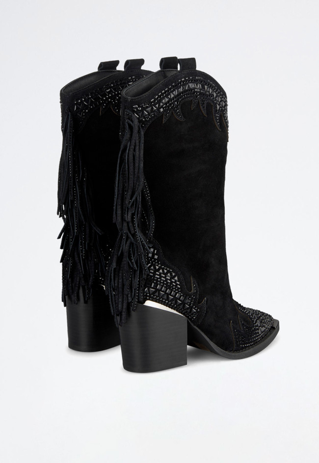Bota cowboy flecos de mujer negro Alma en Pena 0506