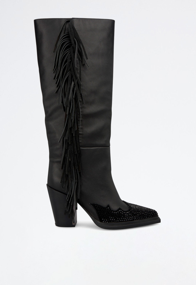 Bota cowboy flecos de mujer negro Alma en Pena 0558