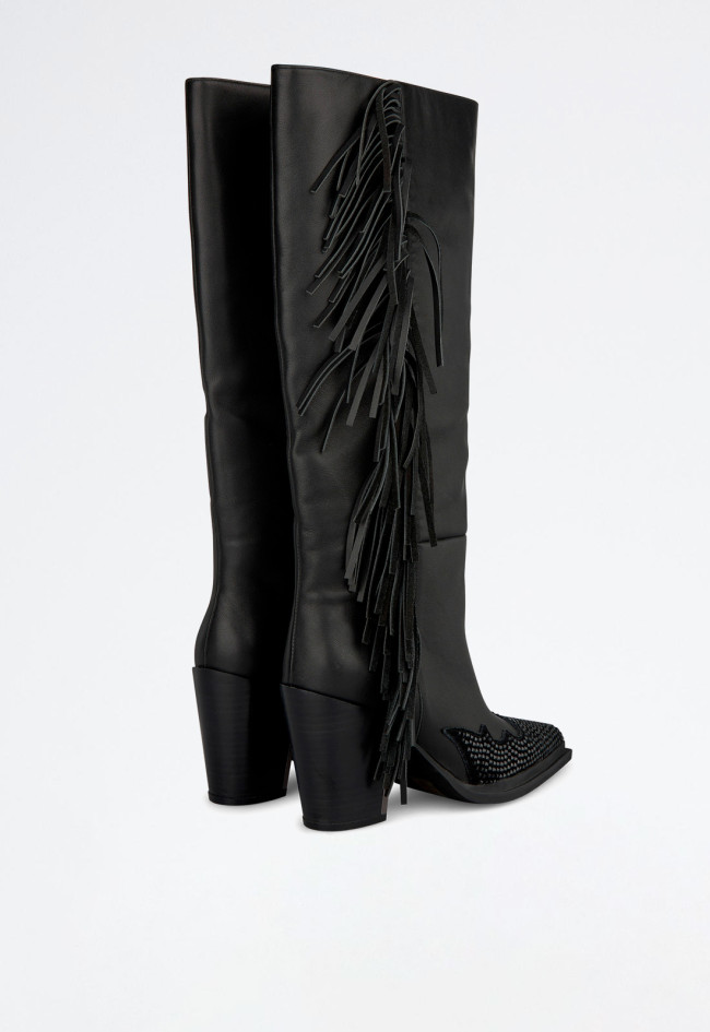 Bota cowboy flecos de mujer negro Alma en Pena 0558