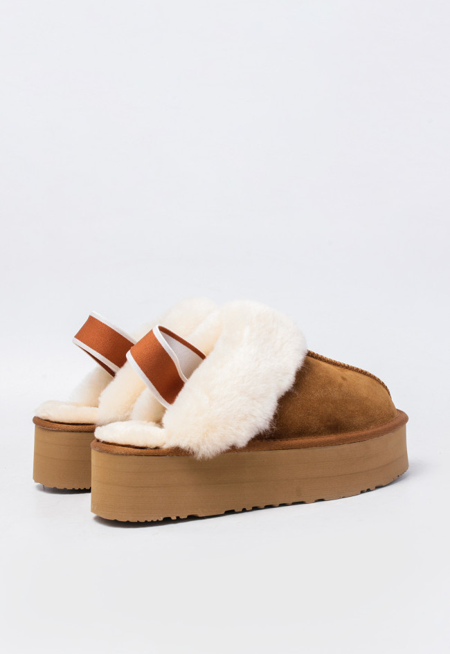 Zueco con pelo y goma elástica de mujer camel VAS wd200-1