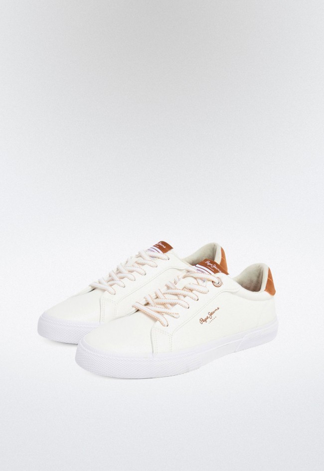 Zapatillas blancas de mujer efecto piel – estilo urbano y logo termosellado | PEPE JEANS PLS31445