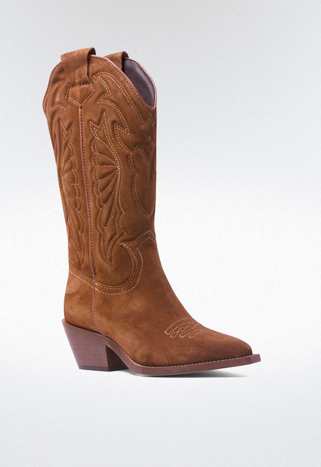 Bota cowboy de mujer en piel color cuero – con bordados | GLO ARIZONA