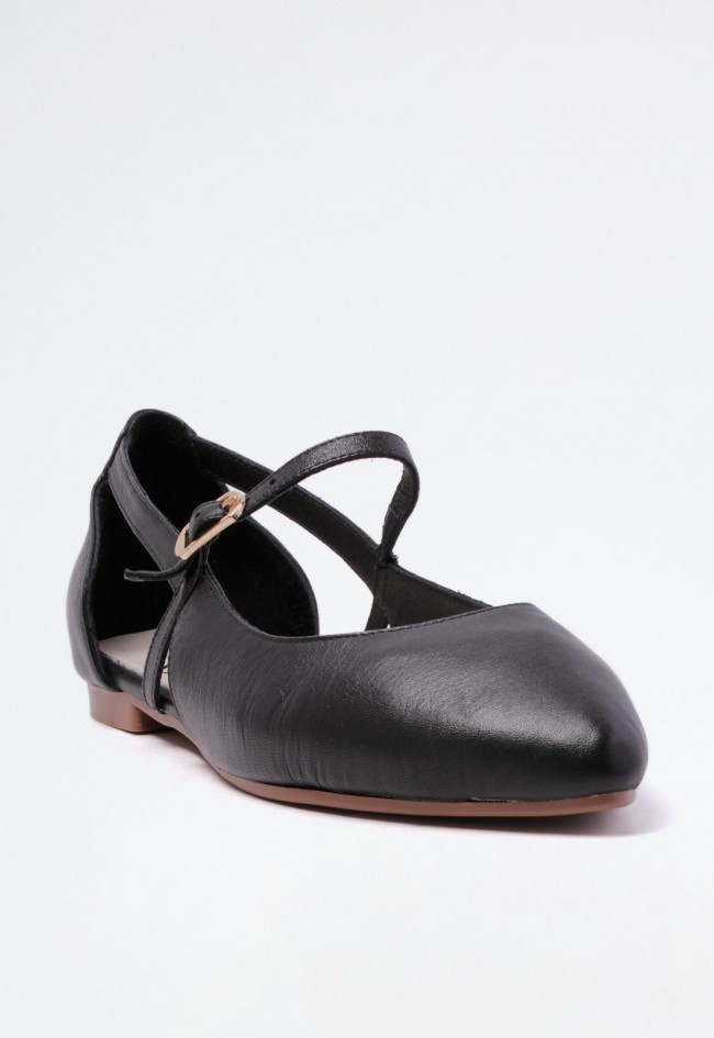 Bailarina plana de mujer en piel con laterales abiertos y cierre de hebilla dorada | TOP3 25335