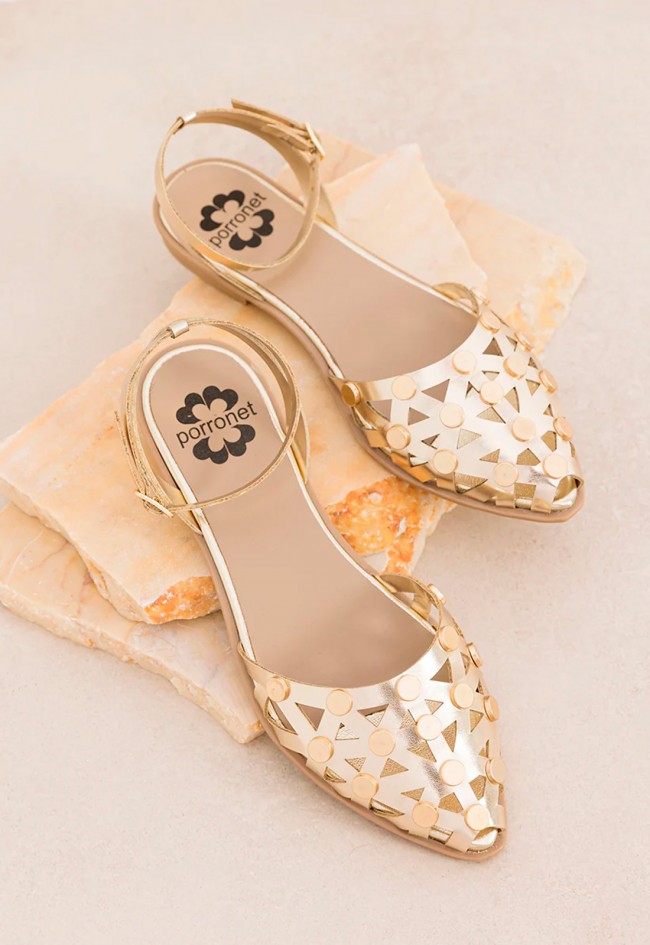 Bailarinas tachuelas color oro metalizada troquelada y plantilla de piel | Hecha en España PORRONET RITA 7091