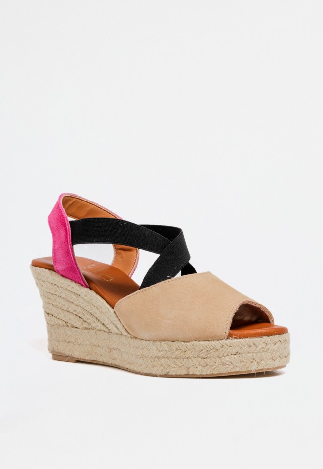 Sandalia de cuña en esparto con doble cinta cruzada en piel y textil para mujer | Diseño veraniego y cómodo beige Shiny 6013