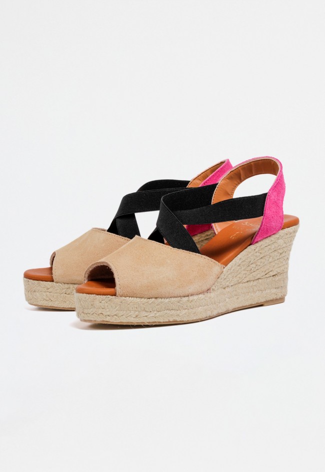 Sandalia de cuña en esparto con doble cinta cruzada en piel y textil para mujer | Diseño veraniego y cómodo beige Shiny 6013