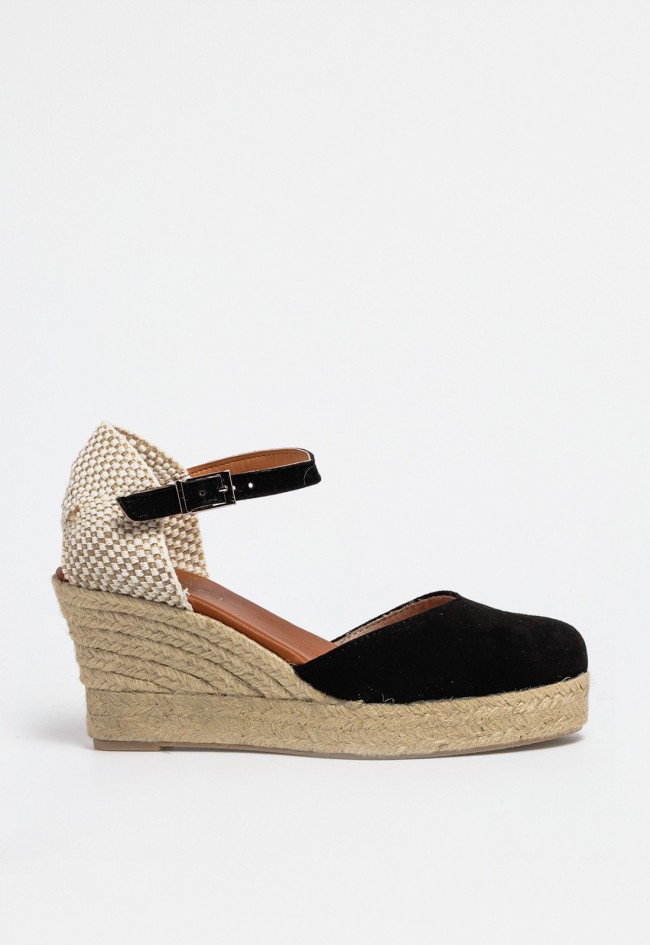 Alpargata de cuña negra para mujer en piel y textil con cinta fina y cierre de hebilla | Suela de esparto Shiny 6003