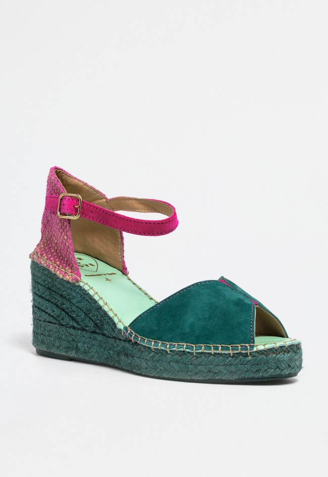 Sandalia de cuña en esparto con piel en colores verde y fucsia para mujer | Diseño alegre y veraniego Star Love etra 110