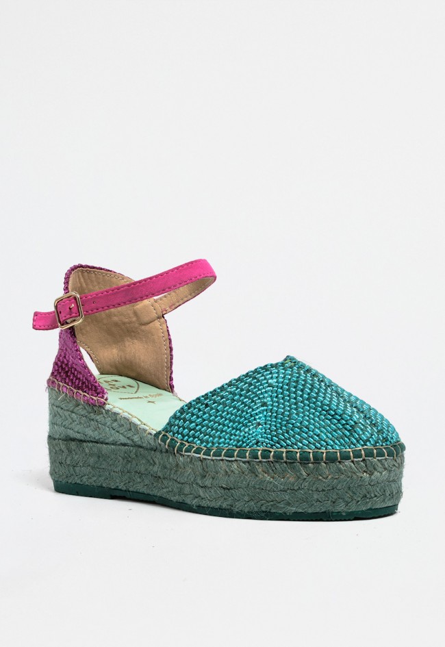 Alpargata de cuña en color turquesa con detalles fucsia y suela de esparto | Diseño llamativo para mujer Star Love alcione 143