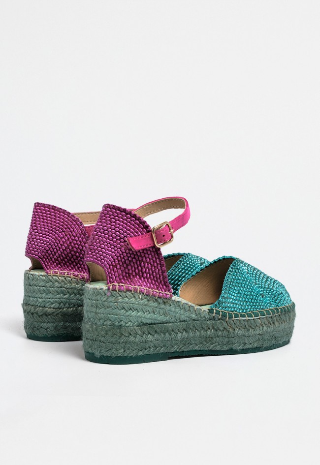 Alpargata de cuña en color turquesa con detalles fucsia y suela de esparto | Diseño llamativo para mujer Star Love alcione 143
