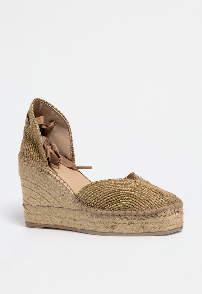 Alpargata de cuña alta color oro con lazos al tobillo y suela de esparto | Estilo veraniego con brillo femenino Glo d260026