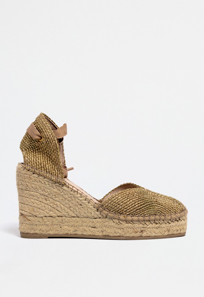 Alpargata de cuña alta color oro con lazos al tobillo y suela de esparto | Estilo veraniego con brillo femenino Glo d260026