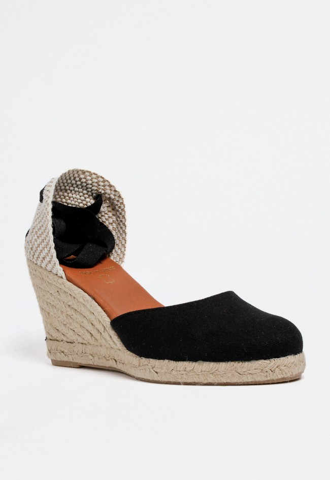 Alpargata negra de mujer con cuña alta de esparto y cintas para atar al tobillo | Estilo mediterráneo elegante Shiny 7003