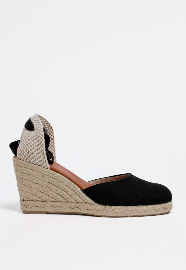 Alpargata negra de mujer con cuña alta de esparto y cintas para atar al tobillo | Estilo mediterráneo elegante Shiny 7003