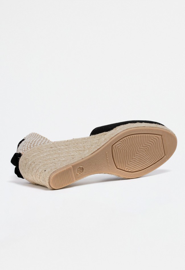 Alpargata negra de mujer con cuña alta de esparto y cintas para atar al tobillo | Estilo mediterráneo elegante Shiny 7003