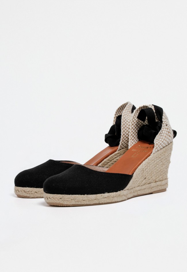 Alpargata negra de mujer con cuña alta de esparto y cintas para atar al tobillo | Estilo mediterráneo elegante Shiny 7003