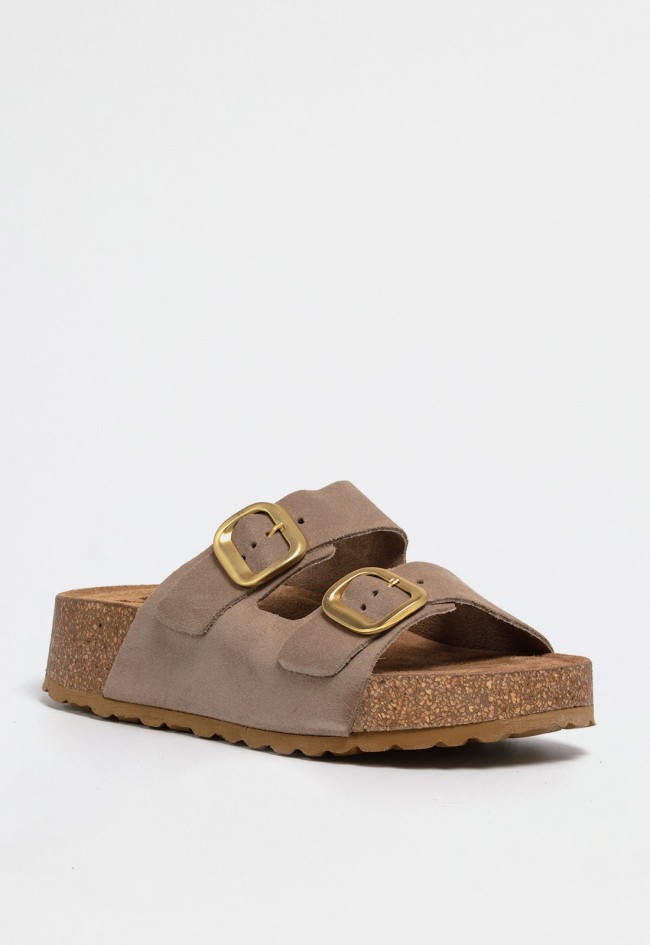 Sandalia tostada de mujer con doble hebilla dorada y suela elevada en piel | Diseño casual y actual VAS wiwi-003