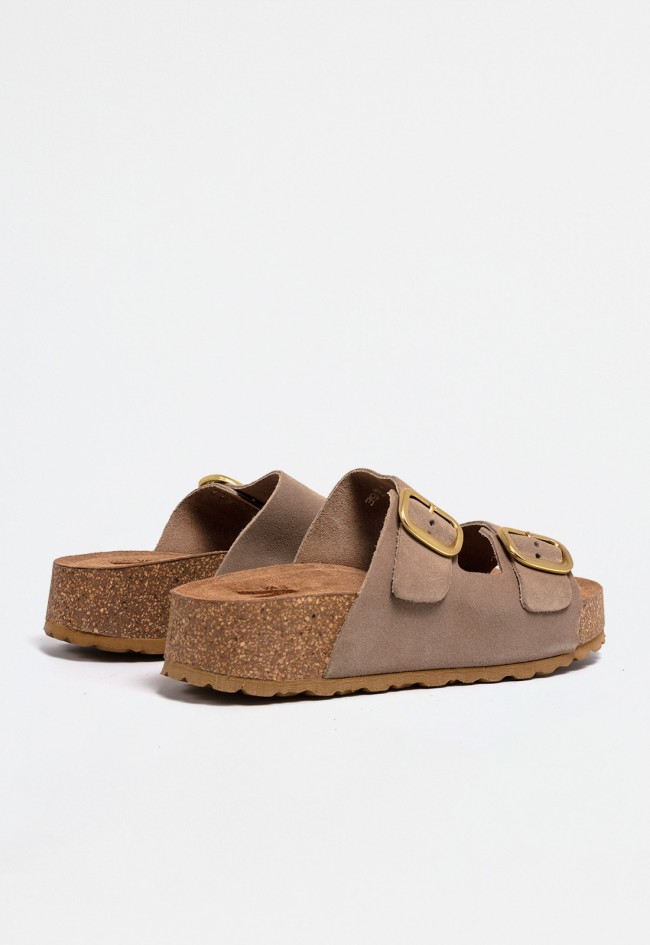 Sandalia tostada de mujer con doble hebilla dorada y suela elevada en piel | Diseño casual y actual VAS wiwi-003